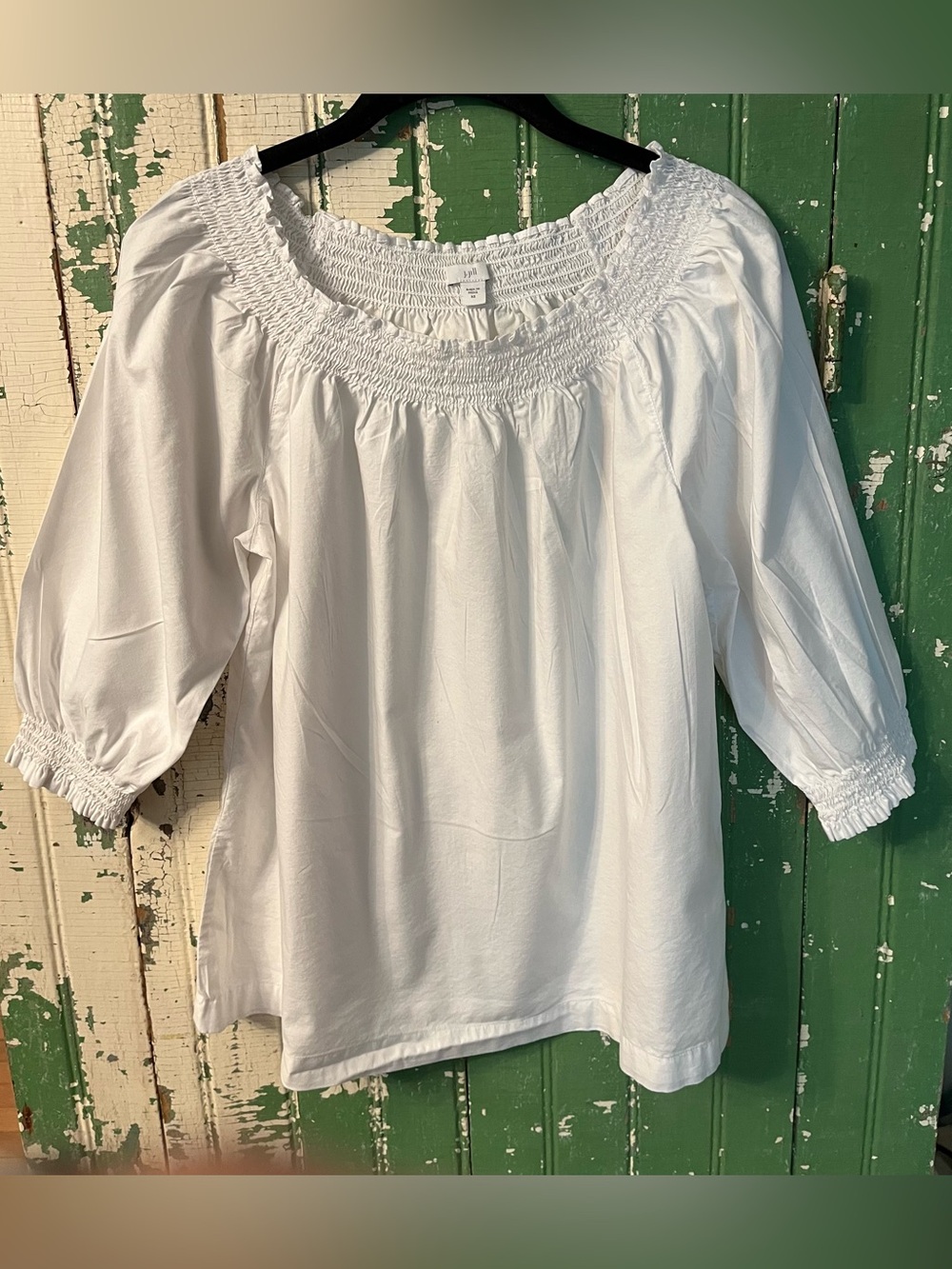 J Jill Peasant Blouse White Smocked Boatneck Top Cotton Size XS